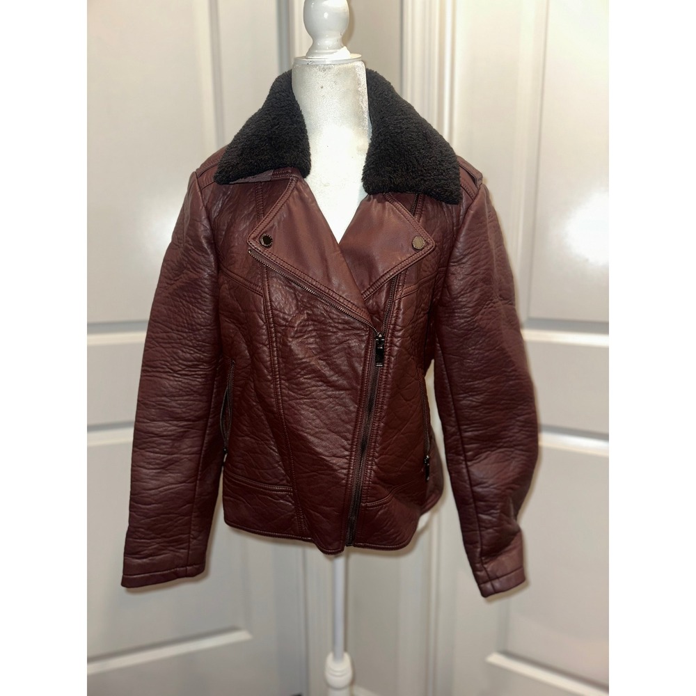 Womens Faux Leather Moto Jacket Sherpa Collar Burgundy Biker Style Outerwear